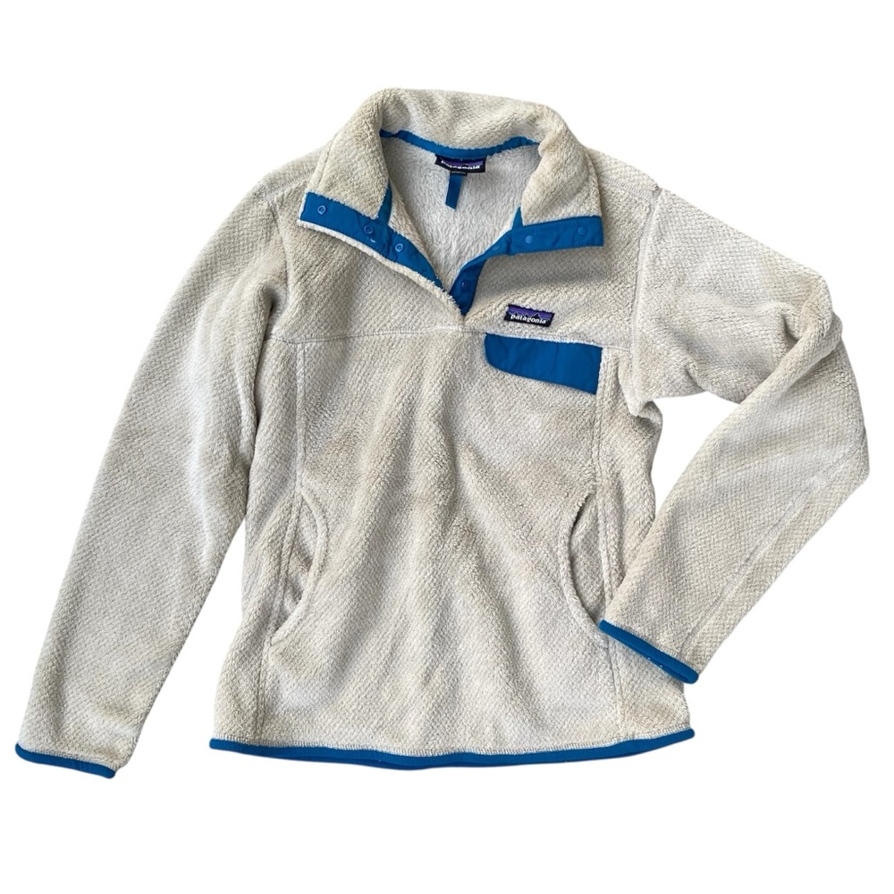 Patagonia Womens Re-Tool T Snap Fleece Jacket in Tan & Blue / Small